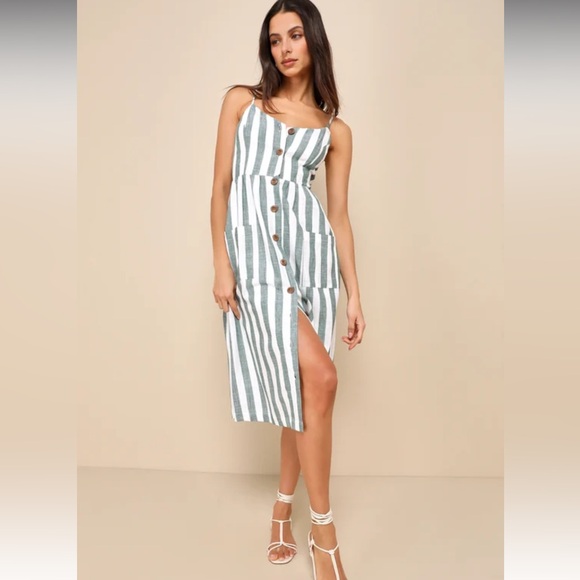 Marseille Mood Green Striped Linen Midi Dress With Pockets - Picture 2 of 4